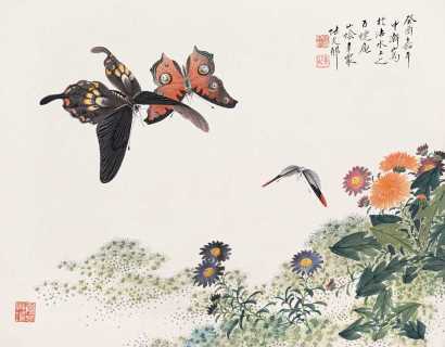 陆文郁 癸酉（1933年）作 花蝶图 立轴
